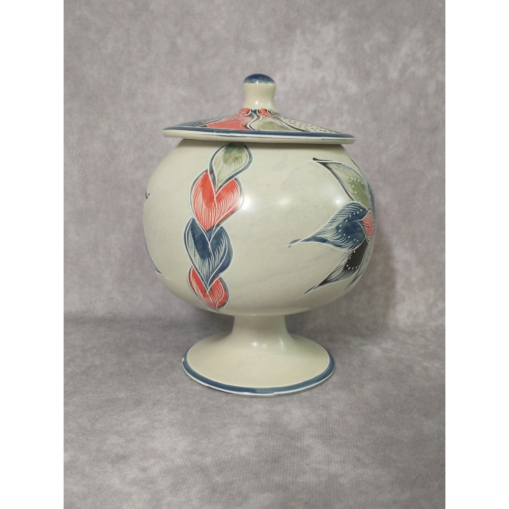 Pedestal Soapstone Jar With Lid Hand Painted and Carved Floral Design - Picture 2 of 10